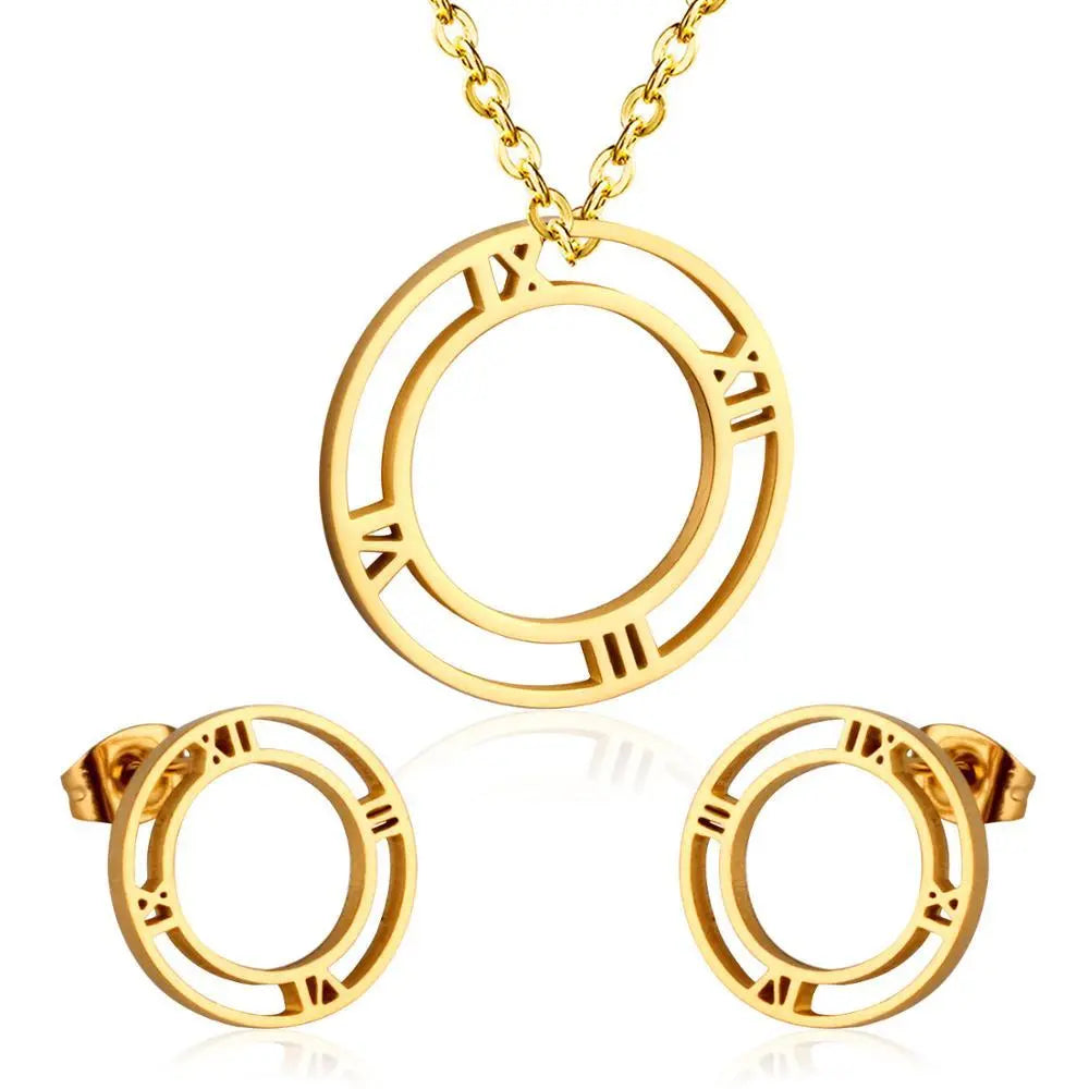Hot Selling Roman numerals Necklace Earring Set Made By Stainless Steel Jewelry For Christmas Gift asonjewelry