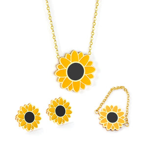 Stainless Steel Flower Pendant Necklace Earring Sets Fashion Women Rings Accessories Gold Color Chains Necklace