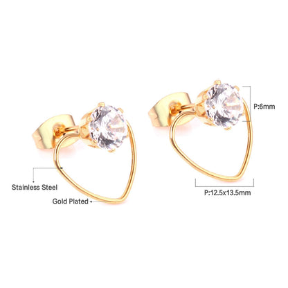ASON Heart Round Cubic Zirconia Piercing  Stud Earrings Valentine's Gift Stainless Steel Gold Color Earring Classic Jewelry asonjewelry