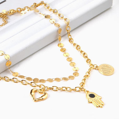 ASON Hamsa Hand Heart Pendant Necklace Multi-layer Stainless Steel Choker Fatima Hand for Women Men Fashion Jewelry Gift asonjewelry