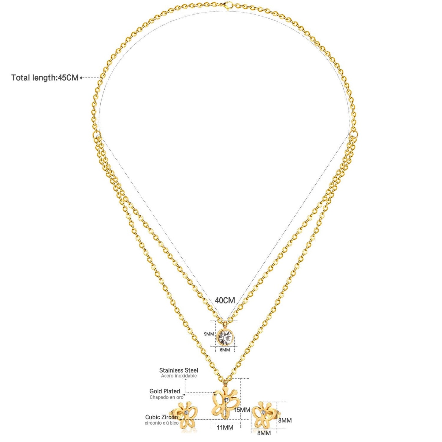 ASON Butterfly Double Set Necklace Pendant Small Stud Earring Wedding Jewelry Set for Women 316L Stainless Steel Sets asonjewelry