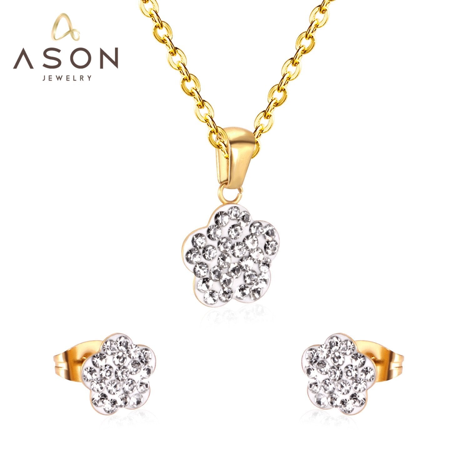 Asonjewelry CZ Flower Gold Color Wedding Jewelry Set for Women 316L Stainless Steel Necklace Pendants Small Stud Earring asonjewelry