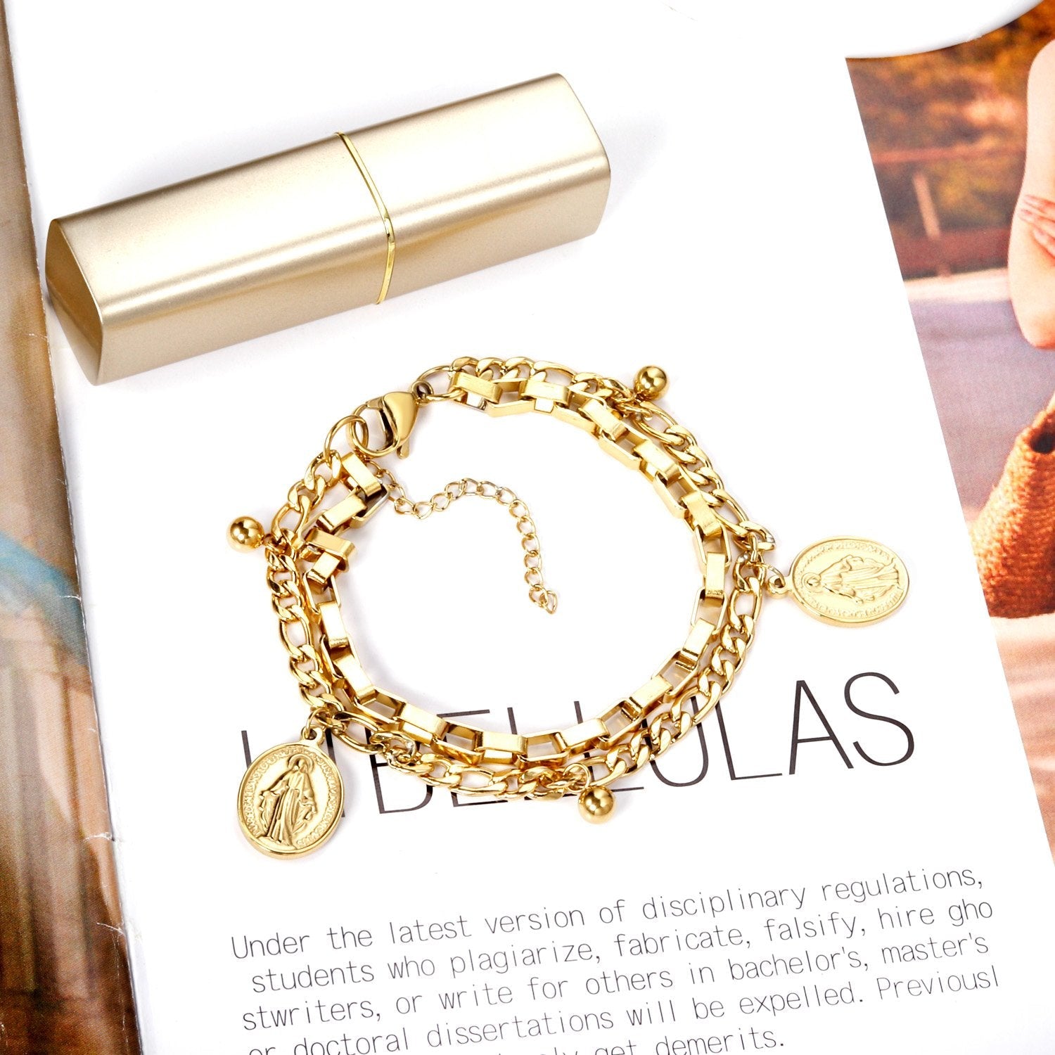 ASON Gold Color Coin Charm Bracelet Multi-layer Stainless Steel Chain Bangle with Extender for Women Girl Fashion Jewelry asonjewelry