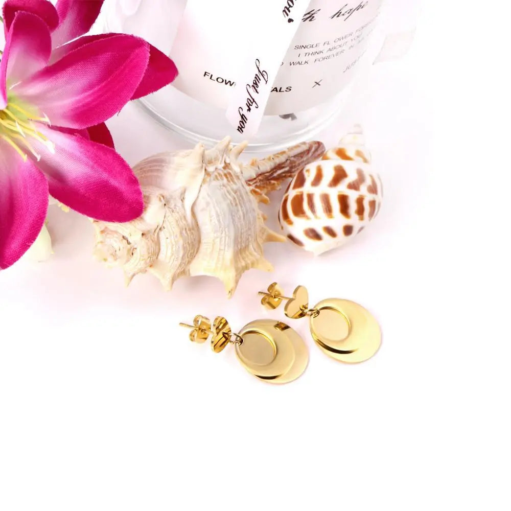 Korean Style Round Heart Stainless Steel Drop Earrings Set For Fashion Jewelry Women Party Gift Gold/Steel Earrings asonjewelry