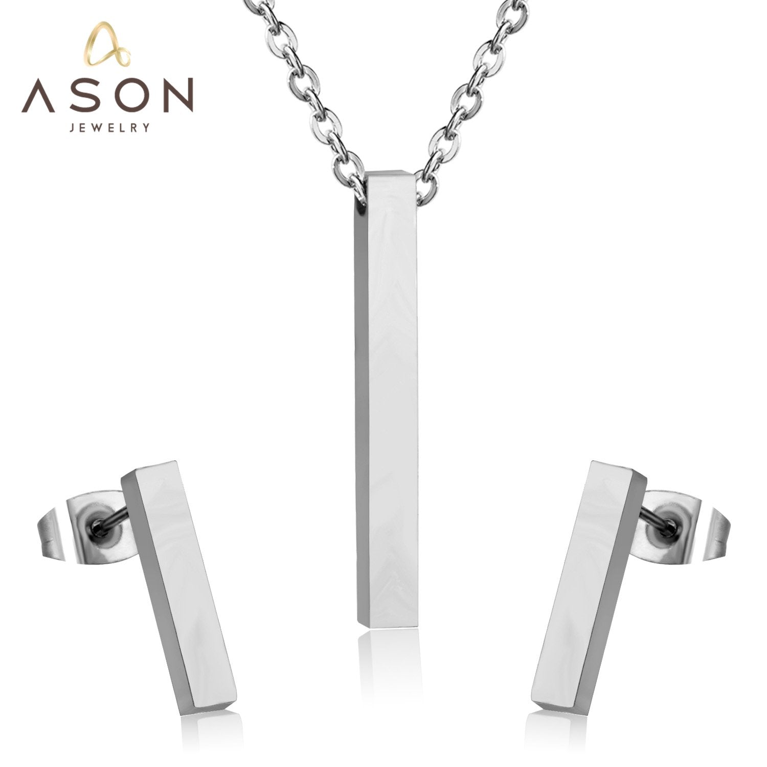 ASON Silver Color Jewelry Set Stainless Steel Vertical Bar Pendant Necklace for Women/Men Anniversary Gift Fashion Earrings asonjewelry