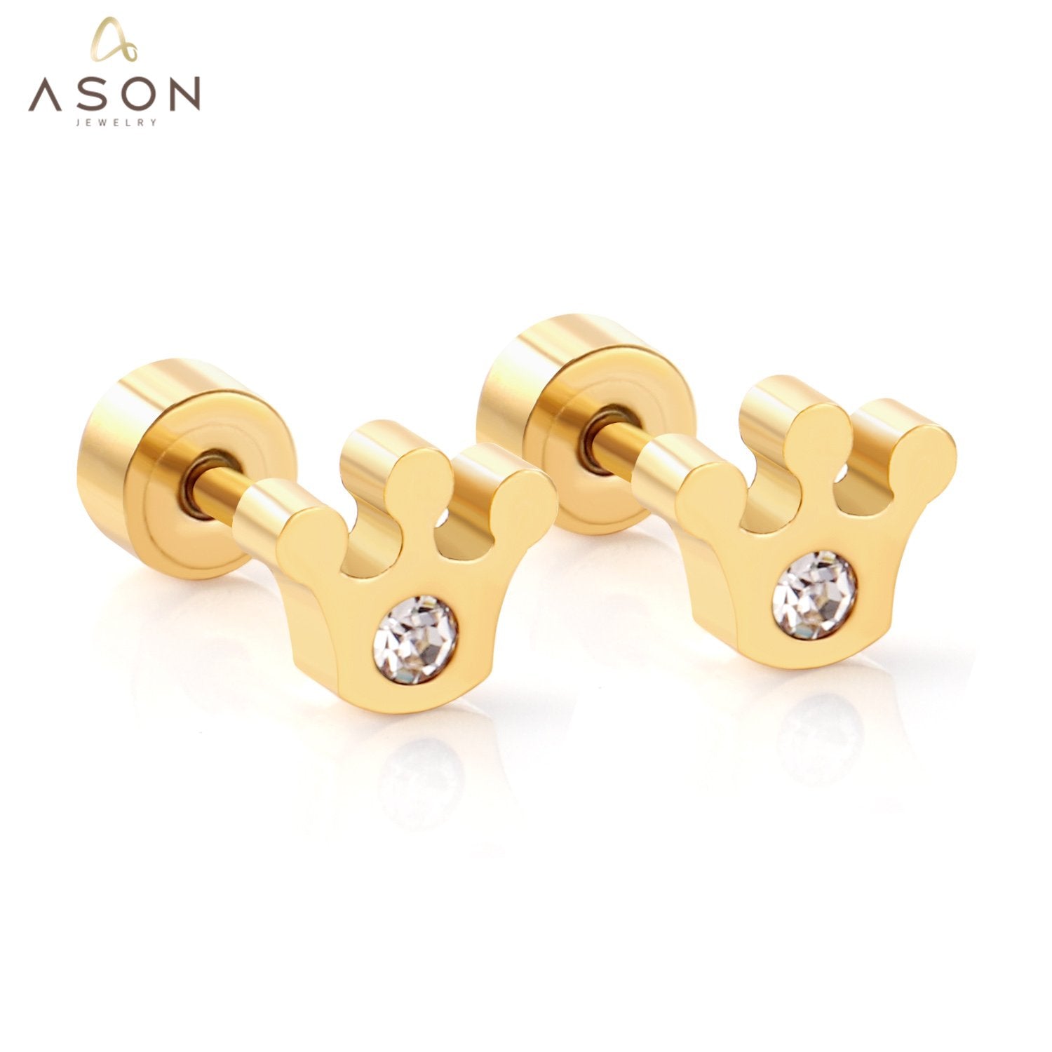 ASON Elegant Crown Cubic Zirconia Piercing Stud Earrings for Women Girls Gold Color Stainless Steel Jewelry Accessories asonjewelry