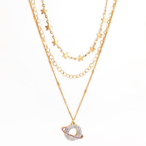 Planet Design With Shiny AAA Zirconia Triple Three Layer Pendant Necklace With Stars Collier Mix Trendy Jewelry 90S