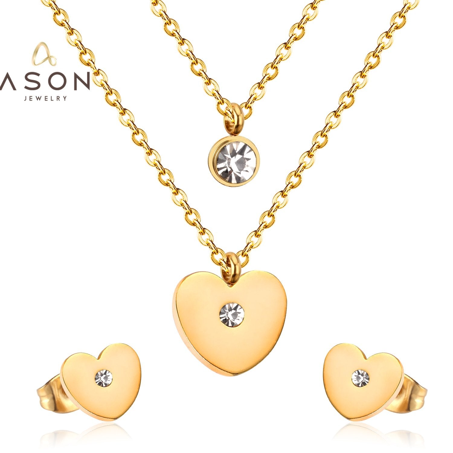 ASON 316L Stainless Steel Heart Love Gold Bridal Wedding Jewelry Set for Women Necklace Pendant Small Stud Earring asonjewelry