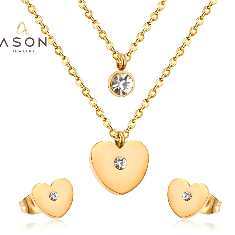 ASON 316L Stainless Steel Heart Love Gold Bridal Wedding Jewelry Set for Women Necklace Pendant Small Stud Earring