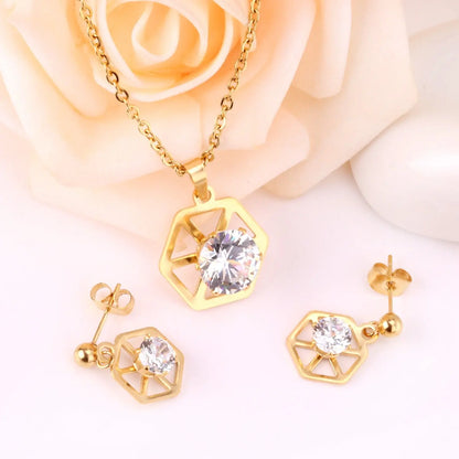 Hexagon With Cubic Zircon Pendant Necklaces Earrings Sets For Women Party Jewelry Set Factory Direct parures bijoux asonjewelry