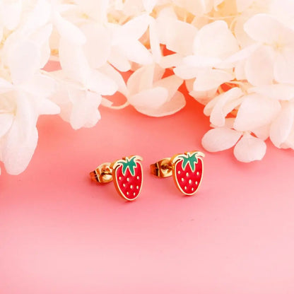 Small Earrings 2022 Stainless Steel Gold Color Push Back Strawberry Stud Earring Fashion Jewelry Party Baby Accessorie asonjewelry