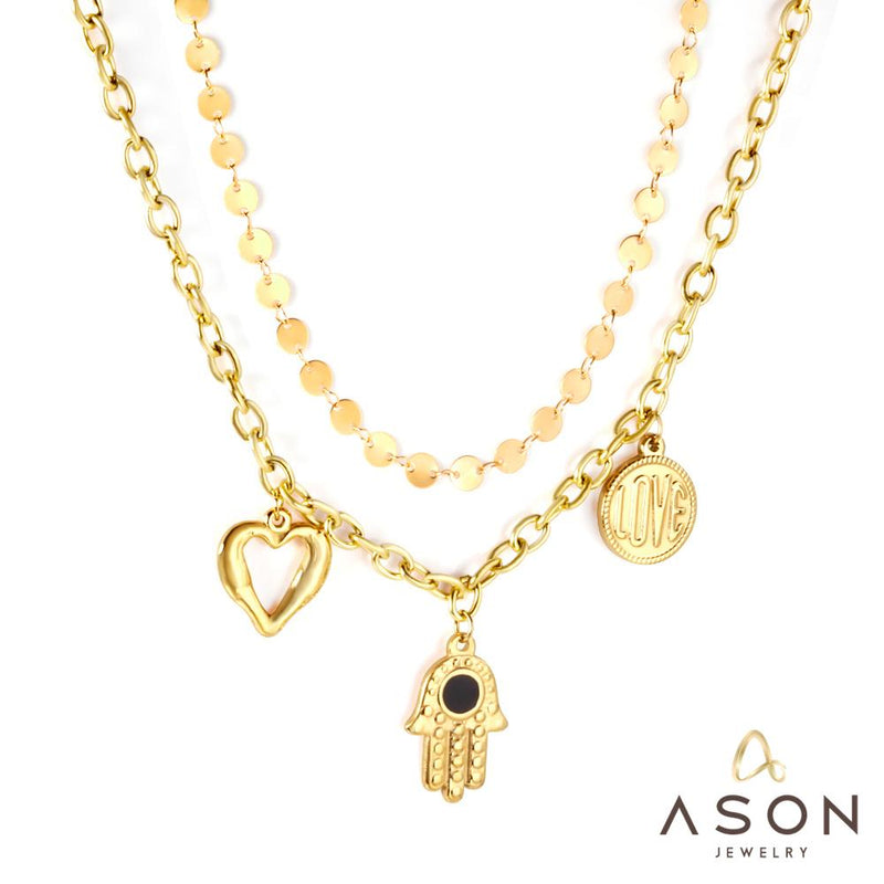 ASON Hamsa mano corazón colgante collar multicapa de acero inoxidable gargantilla mano de Fátima para Mujeres Hombres joyería de moda regalo
