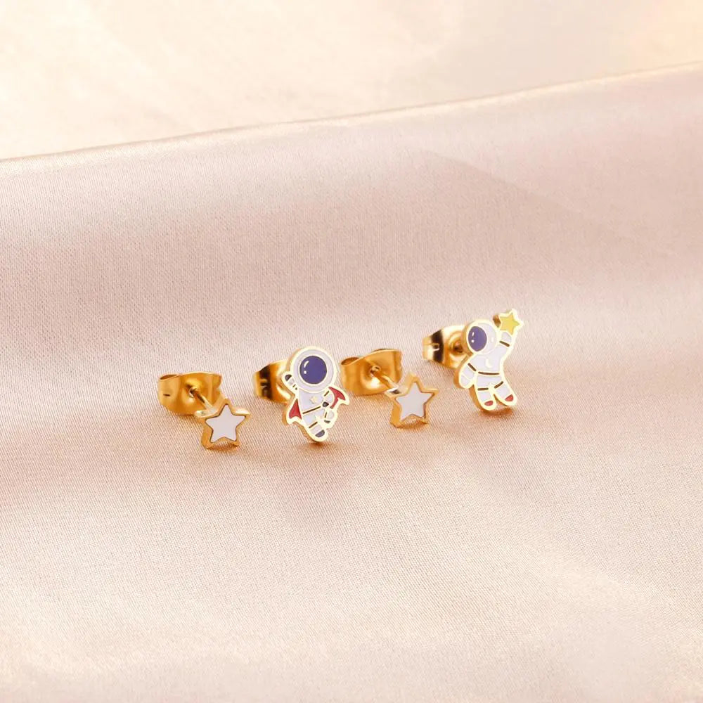 Astronaut Stud Earrings For Women Geometric Star Crown Butterfly Moon With AAA Zirconia Little Piercing Earrings asonjewelry