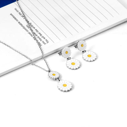 Romantic Stlye Cubic Zirconia Dripping Oil Flower Necklace Earrings Set Bijoux White Color For Women Pendants Collars asonjewelry