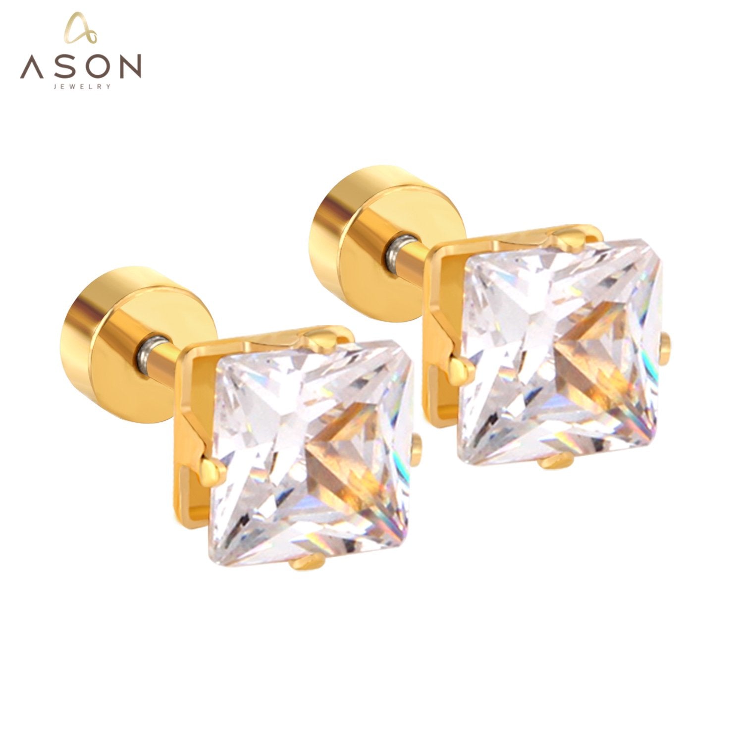 ASON 6mm Stainless Steel Square AAA Cubic Zirconia Jewelry Gold Color Piercing Stud Earrings Set for Women Fashion Jewelry asonjewelry