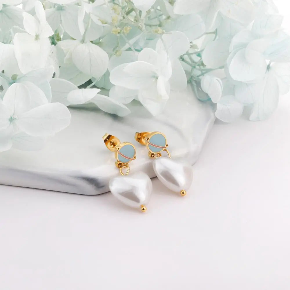Imitation Pearl Exquisite Pendientes Earrings Stainless Steel Trendy 2022 Dangle Blue Earring Heart Elegant Jewelry asonjewelry