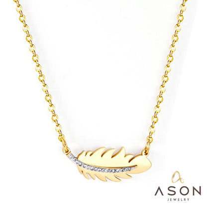 ASON Gold Color Feather Pendant Necklace with Rhinestone Stainless Steel Chain for Women Jewelry Gift Accessory Chokers asonjewelry