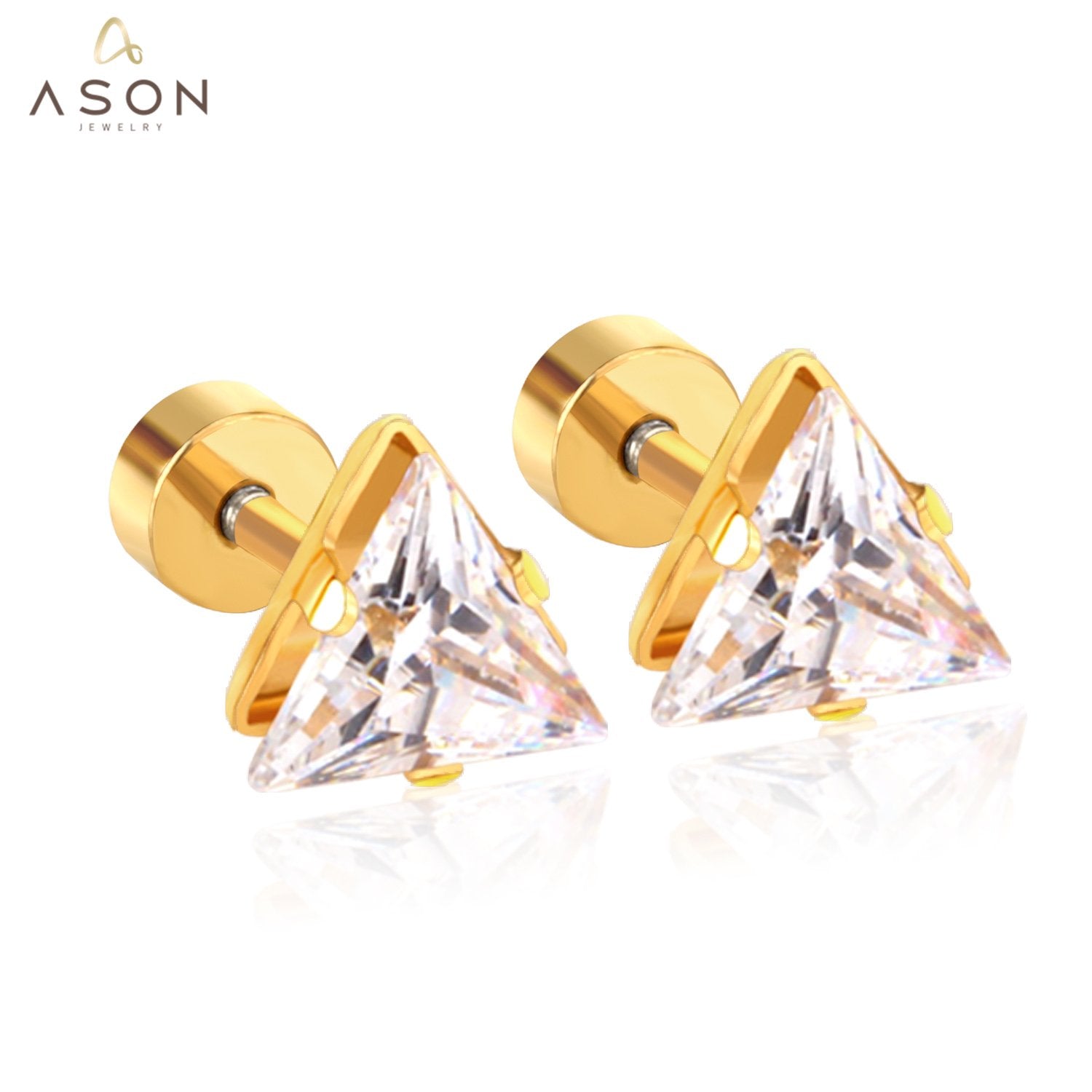 ASON Cute Size 6mm Gold Color Cubic Zirconia Triangle Screw Piercing Stud Earring Stainless Steel Earring For Women Jewelry asonjewelry