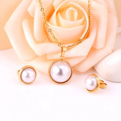 Half Imitation Pearl Stainless Steel Necklace Earrings Set Gold/Silver Color For Woman Wedding Jewellry Accessories asonjewelry