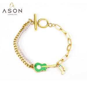 ASON Trendy Musical Notes and Guitar Charm Bracelet Gold Color Stainless Steel Bangle 18cm for Women Men Party Gift Jewelry