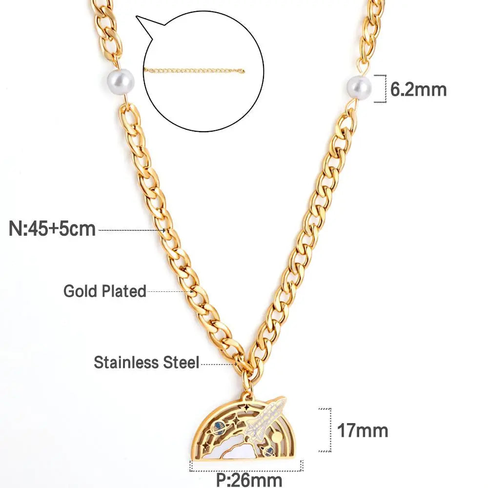 Moon With Cute Astronaut Design Elegant Chain With Imiatation Pearl Double Layer Jewelry On Neck Statement Collier asonjewelry
