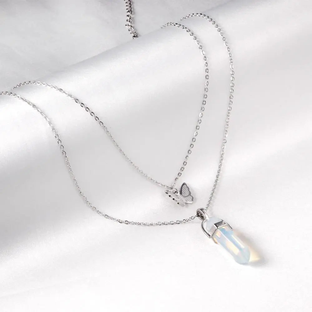 Blue Stone Stainless Steel Double Layered Necklace With Fairy Butterfly Aesthetic Collier For Woman 2022 New Design asonjewelry