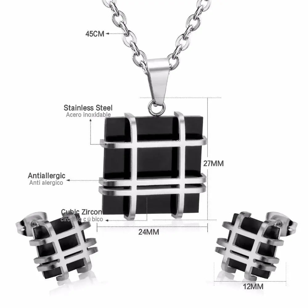 Jewelry Sets Stainless Steel Square Shape Pendant Necklace Earring For Women Chain Necklace Female Jewelry Collier asonjewelry