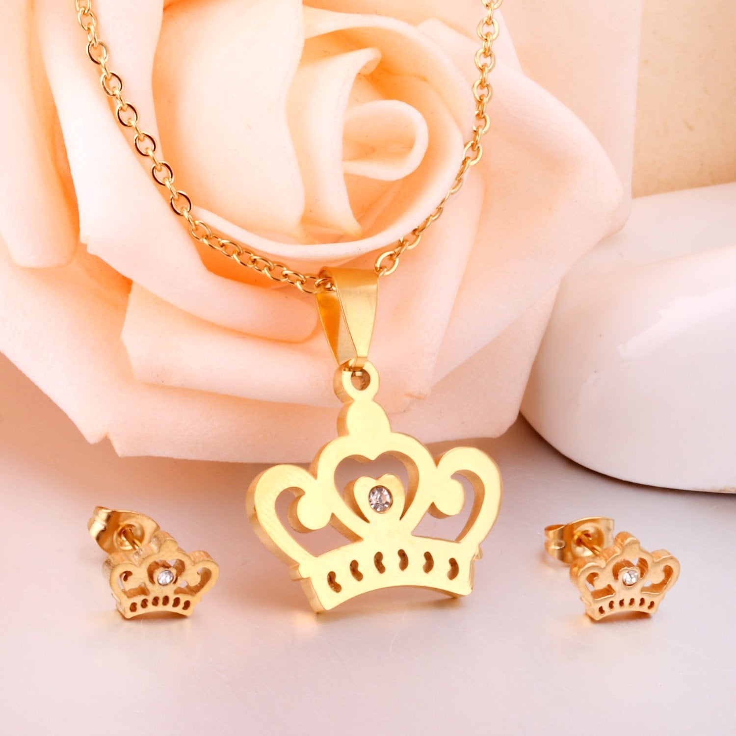 ASON Crown Pendant Necklace Charm Small Piercing Stud Earrings Jewelry Sets Gold Color Stainless Steel For Women asonjewelry
