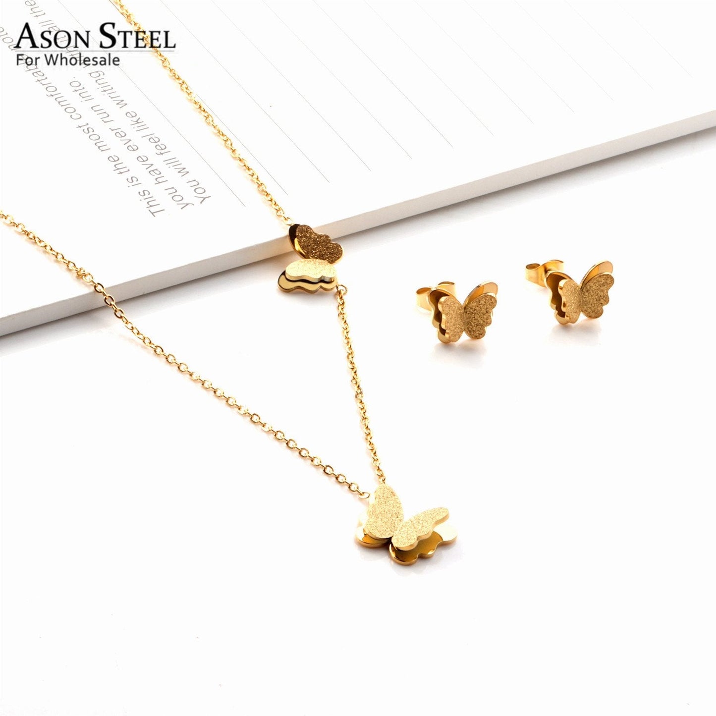 ASON Stylish Frosted Butterfly Pendant Necklace and Stud Earrings Set Stainless Steel Jewelry Set for Women Daily Wear asonjewelry