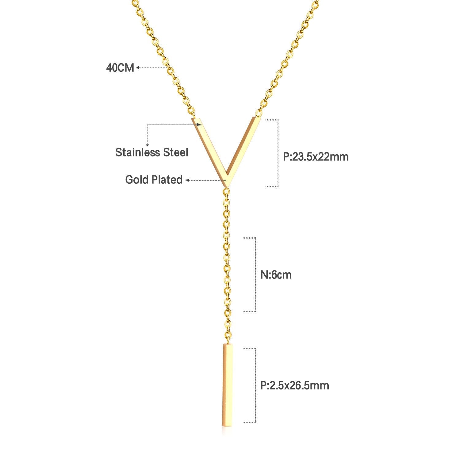 ASON Gold Color Stainless Steel  Choker Letter V Link Chain Cuboid Pendant Necklaces For Women Fashion Jewelry Wholesale asonjewelry