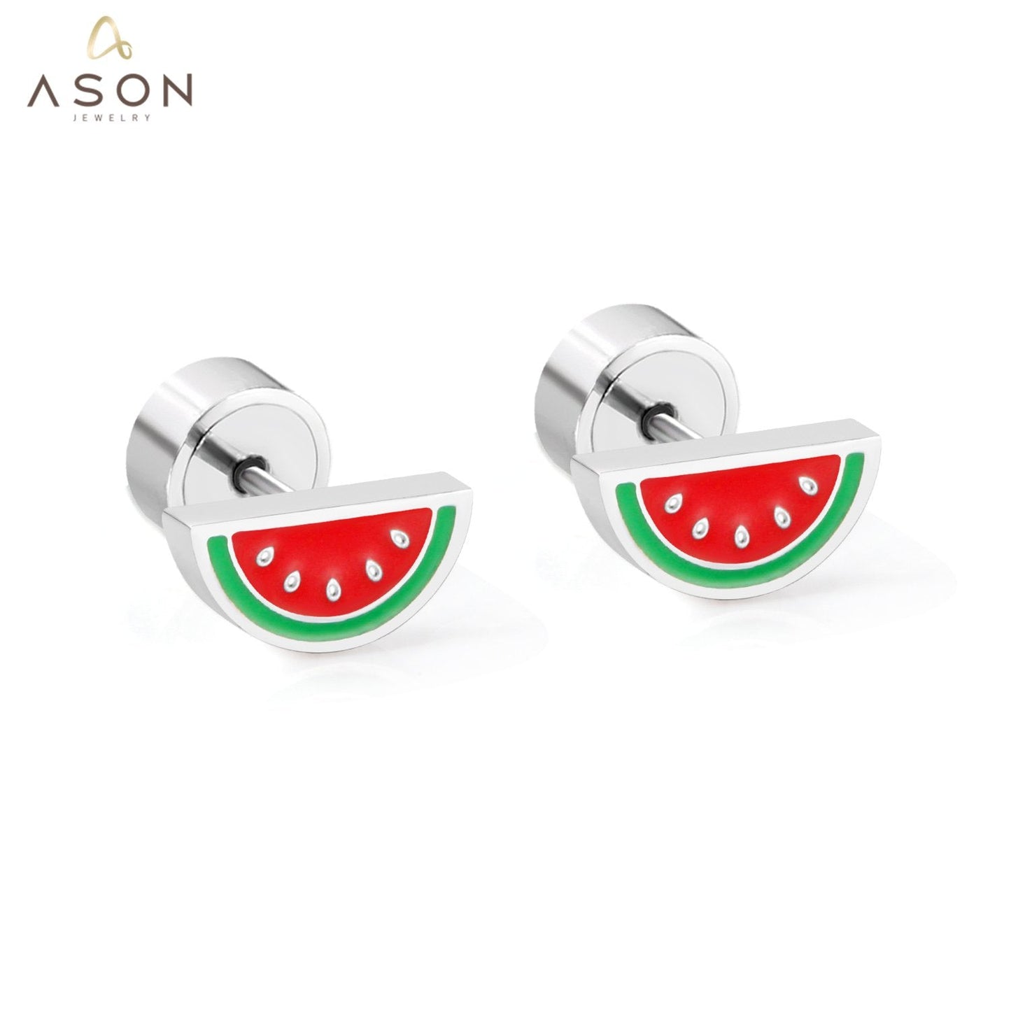 ASON Sweet Watermelon Children's Small Stud Earrings Silver Color Stainless Steel Cartoon for Girl Women Jewelry Piercing asonjewelry