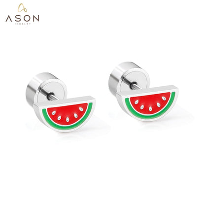 ASON Sweet Watermelon Children's Small Stud Earrings Silver Color Stainless Steel Cartoon for Girl Women Jewelry Piercing asonjewelry