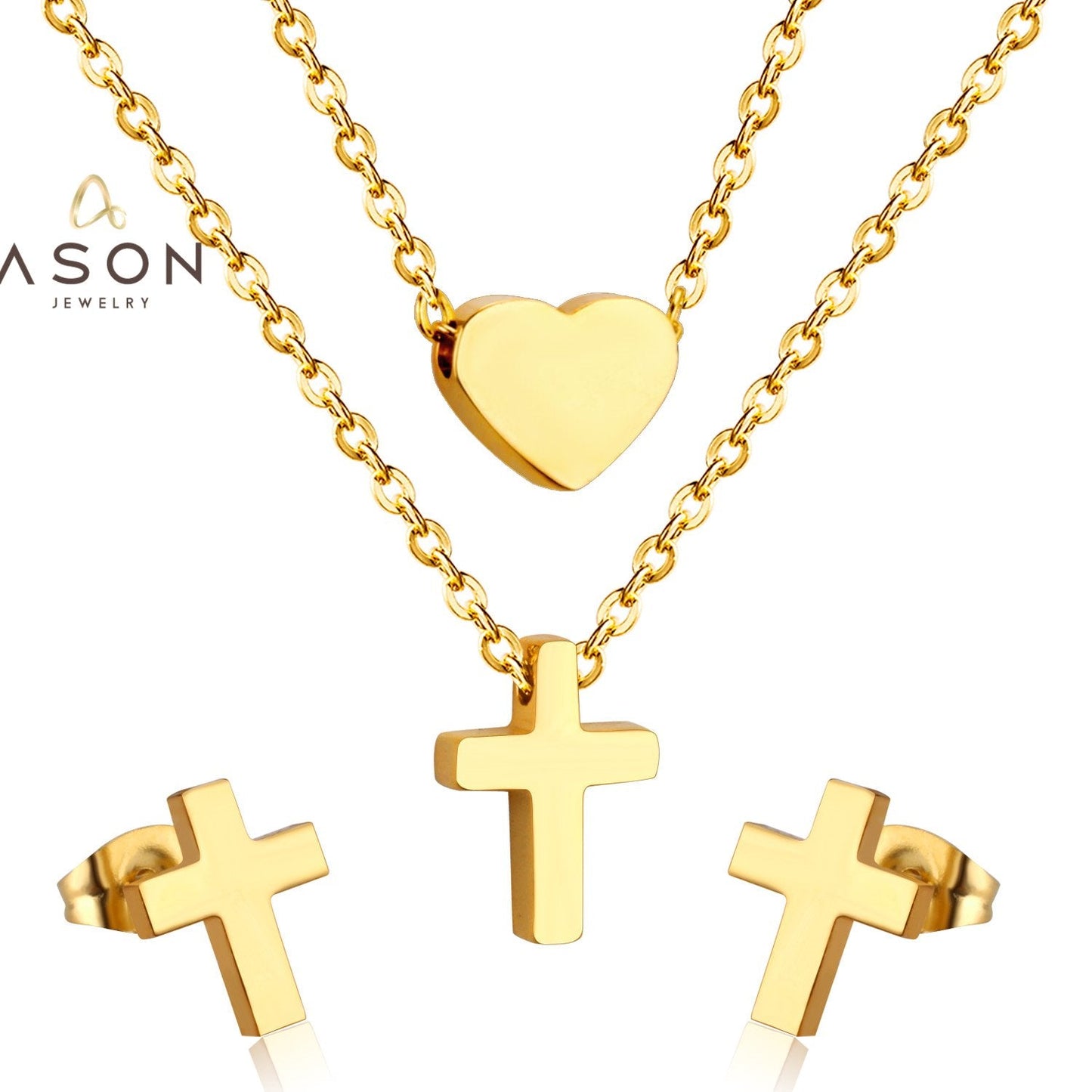 ASON Jewelry Sets for Party Stainless Steel Double Chains Necklace Gold Color Cross Piercing Stud Earring Fashion Jewelry asonjewelry