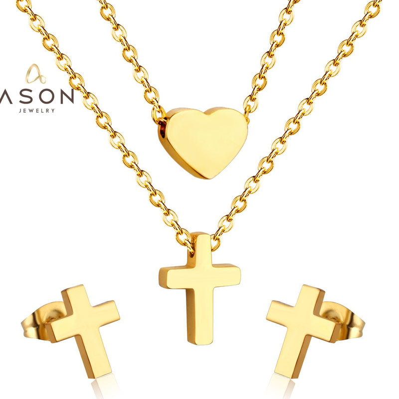 ASON Jewelry Sets for Party Stainless Steel Double Chains Necklace Gold Color Cross Piercing Stud Earring Fashion Jewelry