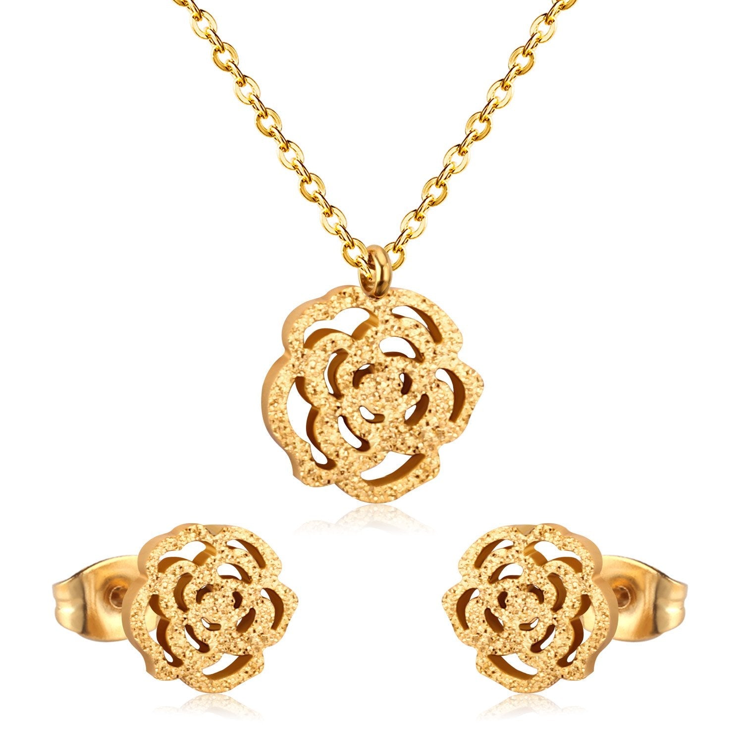ASON Romantic Flower Shape Pendants Chain Necklace Piercing Stud Earrings Jewelry Sets Stainless Steel Gold Color For Women asonjewelry