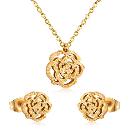 ASON Romantic Flower Shape Pendants Chain Necklace Piercing Stud Earrings Jewelry Sets Stainless Steel Gold Color For Women asonjewelry