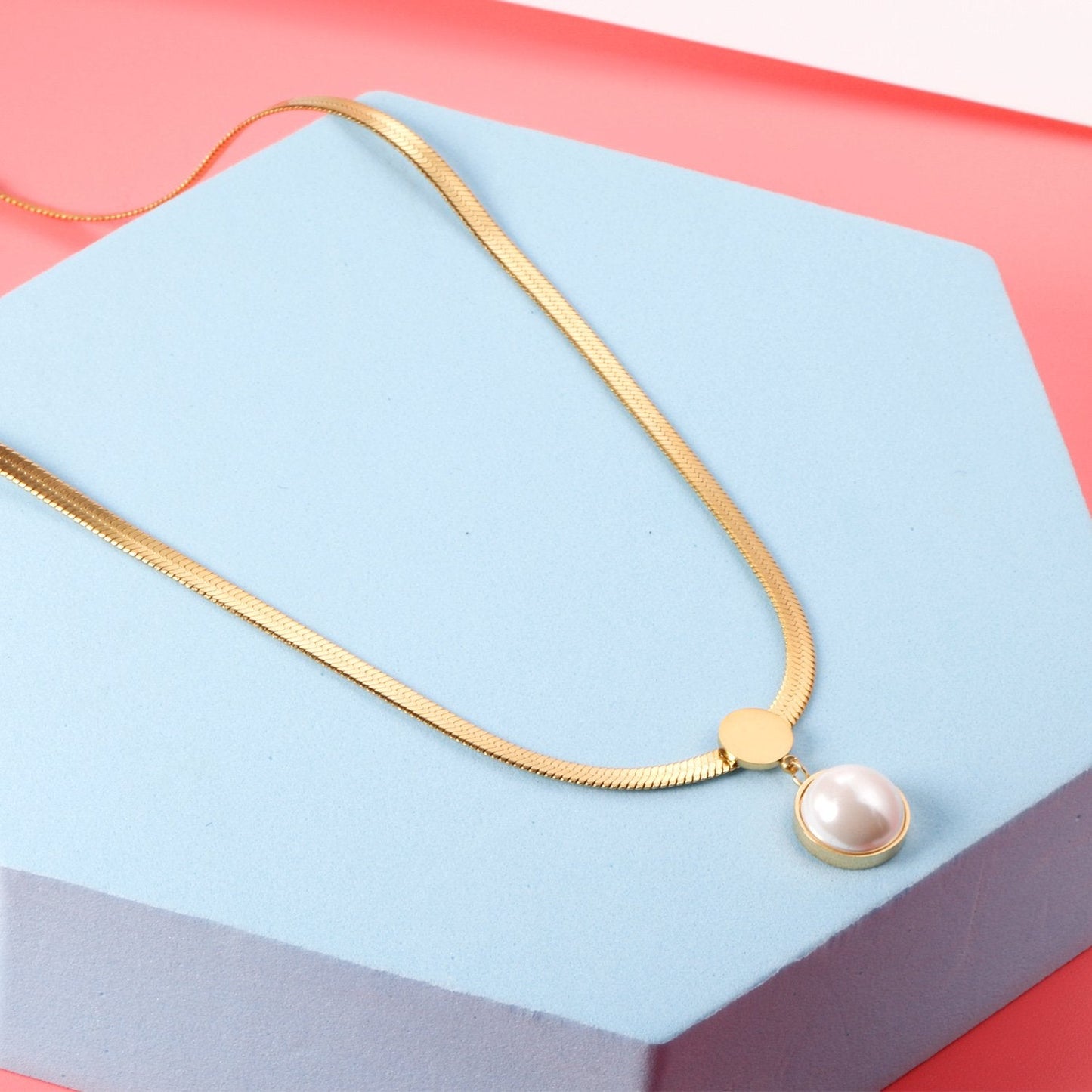 ASON Gold Color Flat Snake Chain Round Imitation Pearl Pendant Necklace Stainless Steel Choker for Women Fashion Jewelry asonjewelry