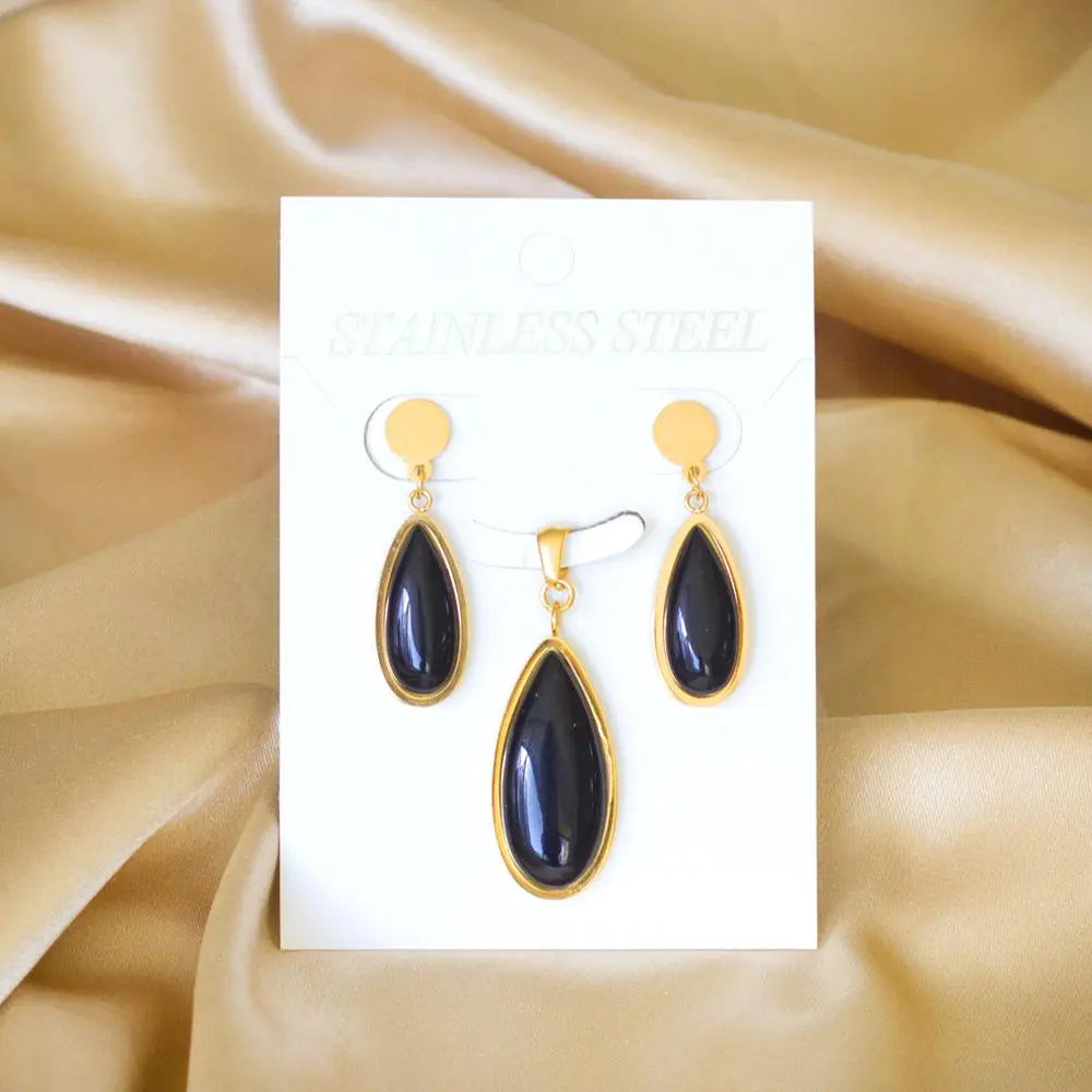 Luxury Weding Dubai Bridal Jewelry Sets Of Necklace And Earing Water Drop Stone Trendy Stainlee Steel Set For Women asonjewelry