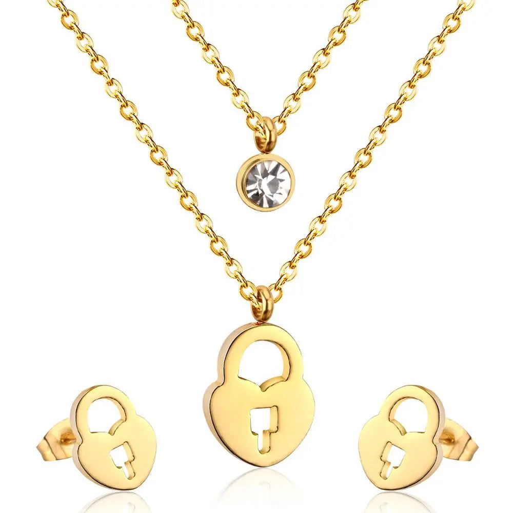 Gold/Steel Double Chains Necklace Women Accessories Stainless Steel Round Cubic Zirconia And Lock Pendant Necklace asonjewelry