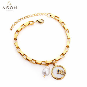 ASON couleur or acier inoxydable 18 + 3cm anneau rond Spaceman et perle bijoux accessoire bracelets pour femme Streetwear quotidien