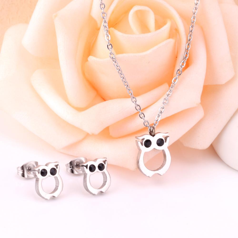 ASON Cute Owl Pendant Necklace Piercing Stud Earrings Jewelry Sets Stainless Steel Gold Color For Women Wholesale Fashion asonjewelry