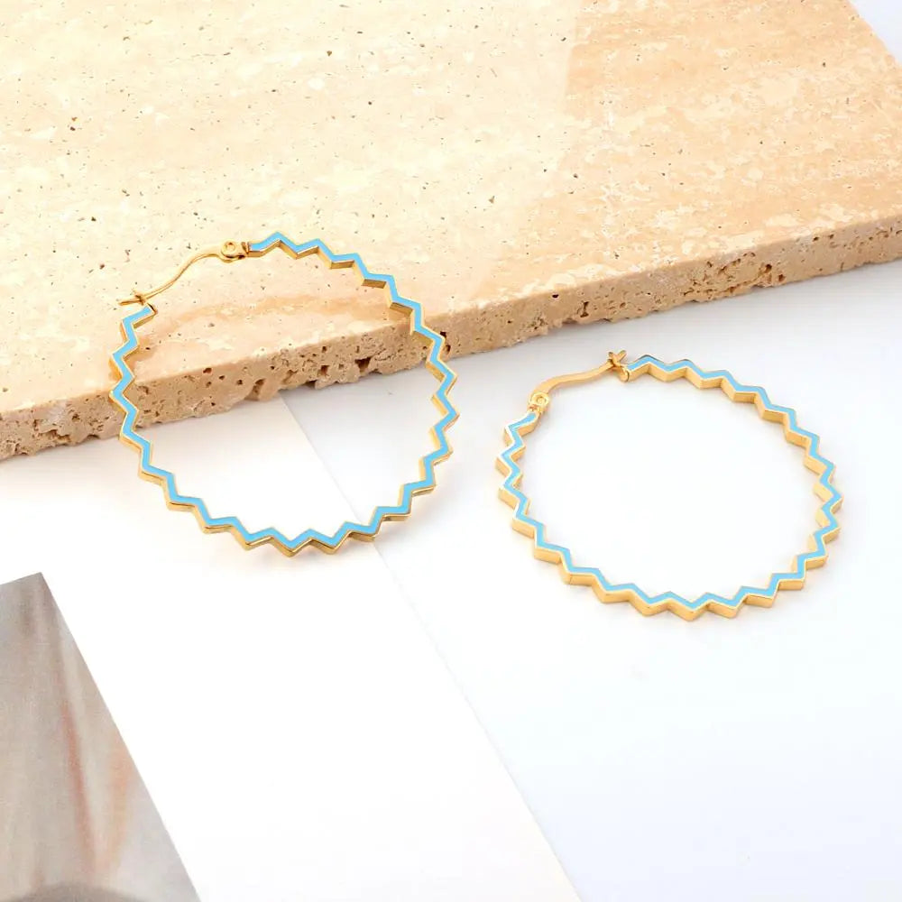 Bohemia Metal Large Wave Shape Hoop Earrrings Stainless Steel Blue Pink Color Irregular Ear Boho Jewelry Gifts for her asonjewelry