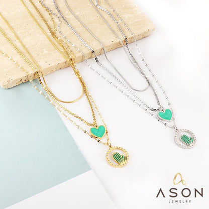 ASON Trendy Heart Cactus Accessories Multi-layer Chain Pendant Necklace Gold Color Stainless Steel For Women Jewelry Choker asonjewelry