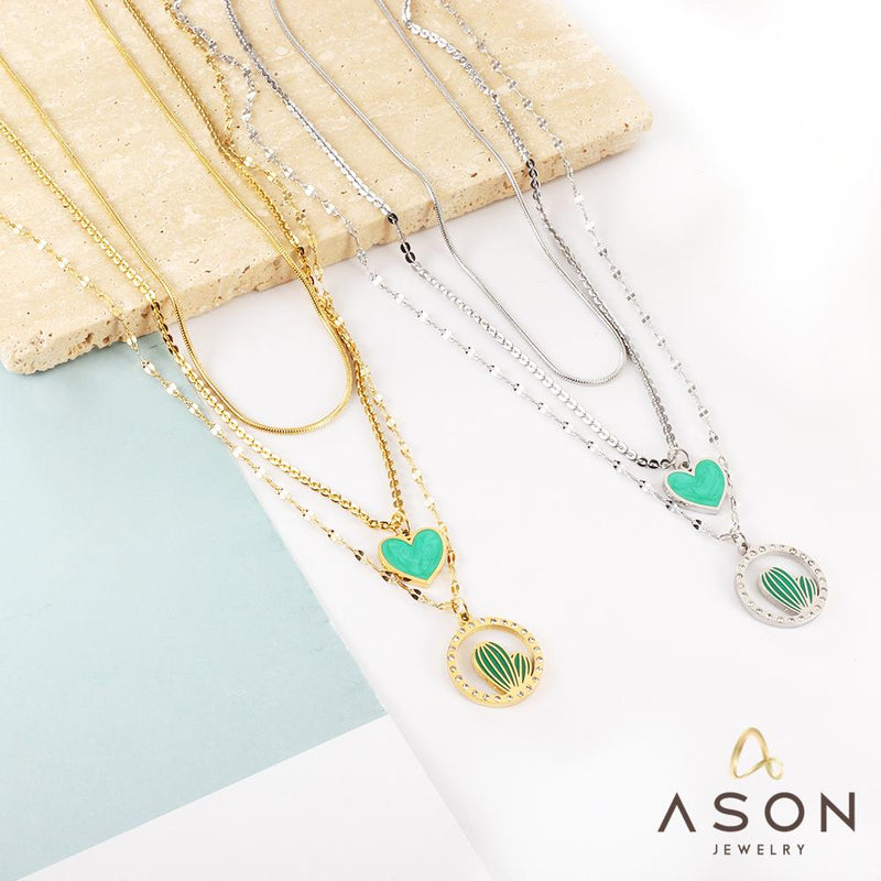 ASON – collier avec pendentif en forme de cœur et Cactus, chaîne multicouche, couleur or, en acier inoxydable, bijoux ras du cou pour femmes, tendance