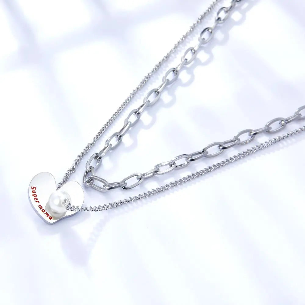 Stainless Steel Heart Imitation Pearl Pendant Necklace Collars Trendy Gold Color Double Chains Necklace Wedding asonjewelry