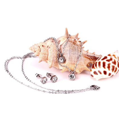 Fashion Flower Crystal Double Pendant Necklace Stainless Steel Jewelry Set For Female Wedding Necklace bijoux femme asonjewelry