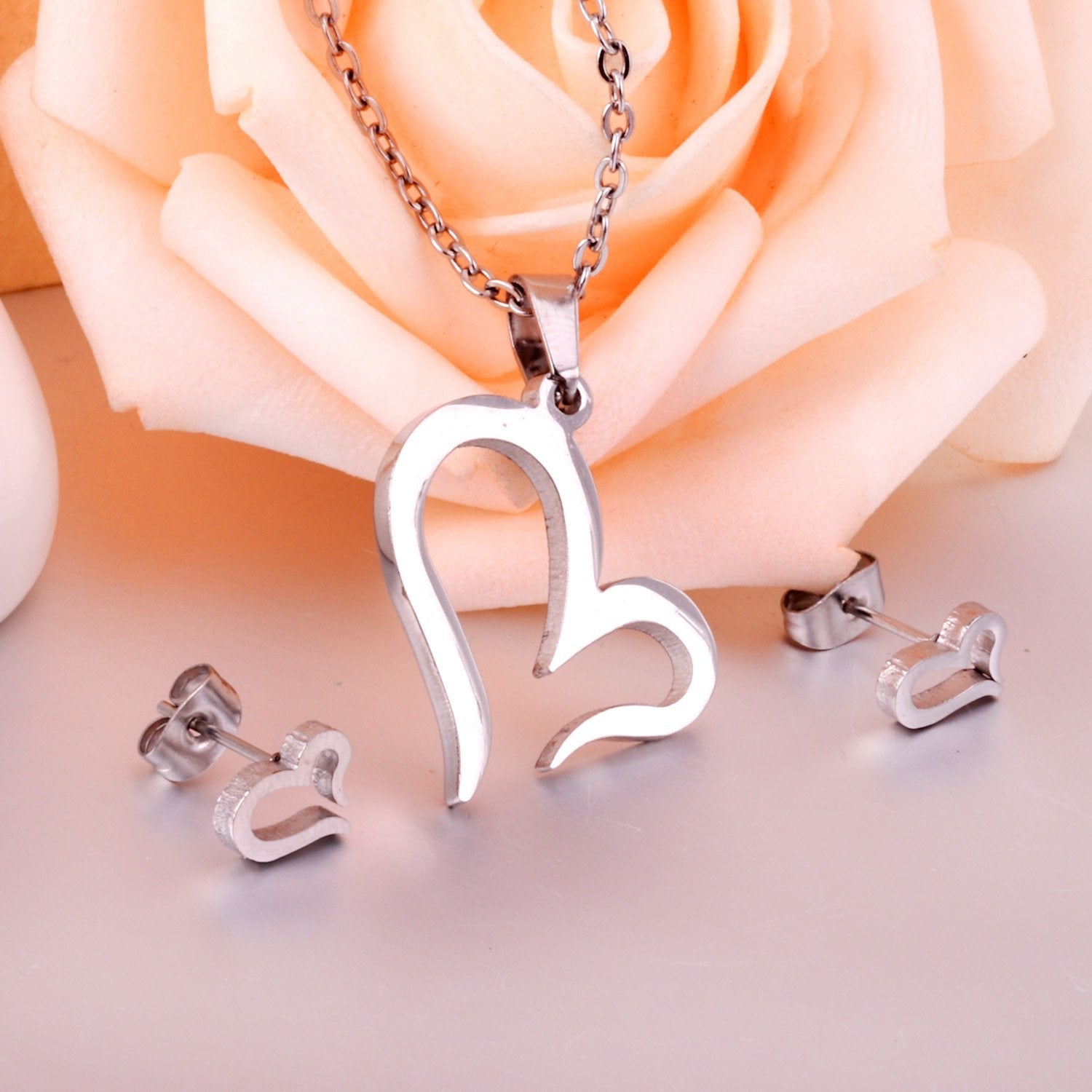 ASON Gold Color Jewelry Sets 316L Stainless Steel For Women Heart Pendant Necklace Small Stud Earrings For Femme Daily Wear asonjewelry