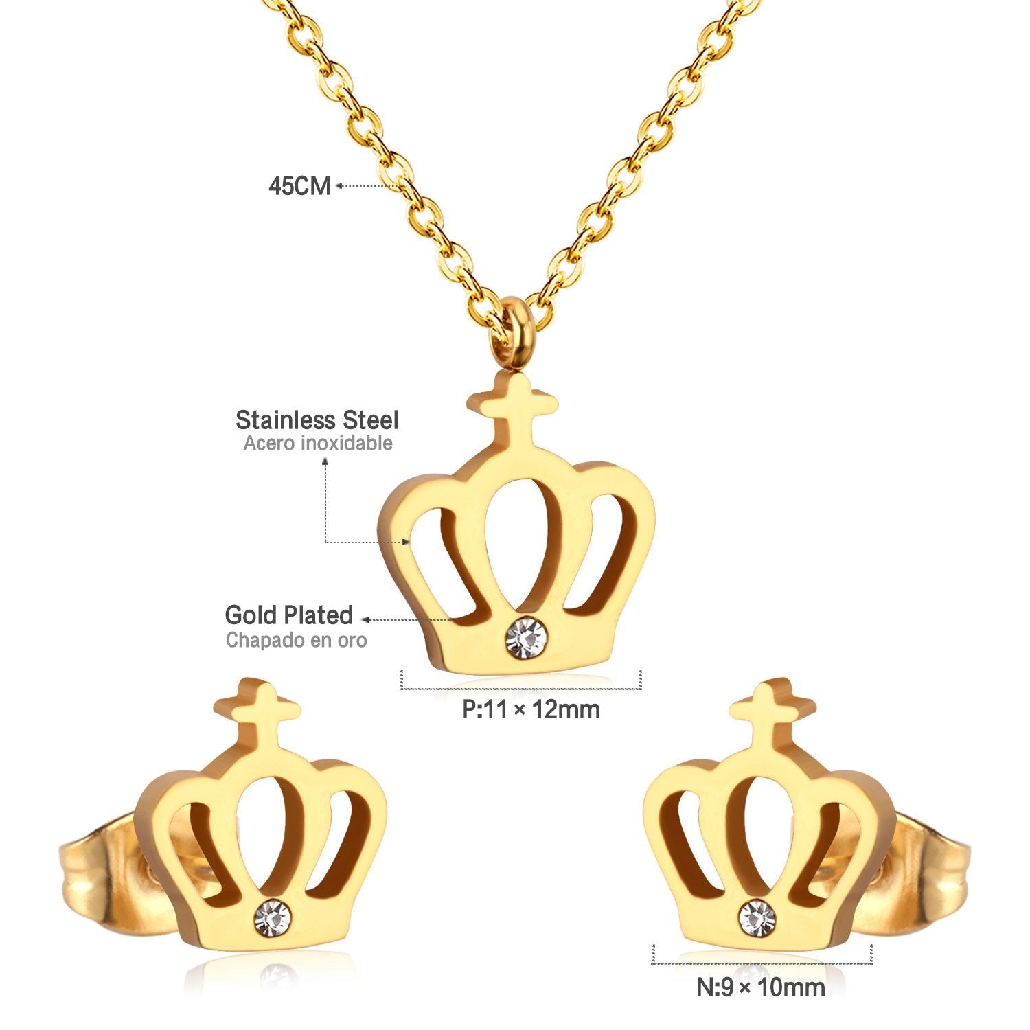ASON Simple Style Crown Shape Frosted Gold Color Necklace Earrings Stainless Steel for Women Fashion Jewelry Sets Party asonjewelry