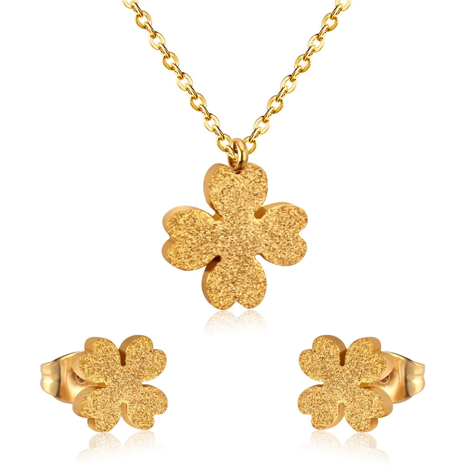 ASON Frosted Flower Chain Pendant Necklace Piercing Earrings Gold Color Stainless Steel for Women Jewelry Sets Fashion asonjewelry