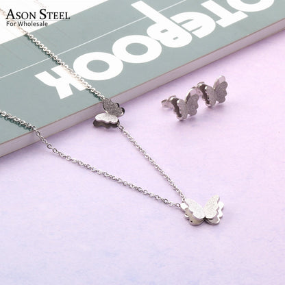 ASON Stylish Frosted Butterfly Pendant Necklace and Stud Earrings Set Stainless Steel Jewelry Set for Women Daily Wear asonjewelry